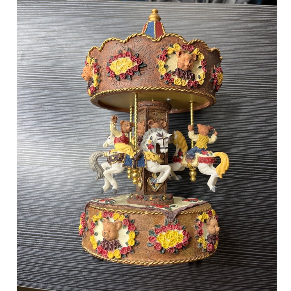 Musical Carousel Teddy Bear Horse Figurine Red Blue Floral Nursery Decor 10in - Picture 3 of 14
